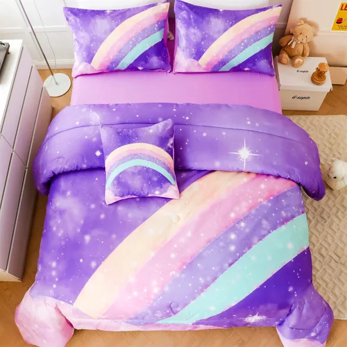 Vista 4 de ANGIYUIN - Juego de edredón infantil de gradiente arcoíris púrpura profundo, 6 piezas, ropa de cama con purpurina brillante para niñas, juego