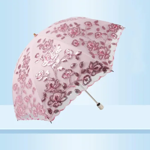 Vista 50 de Honeystore Sombrilla bordada con flor 3D plegable UV con encaje clásico
