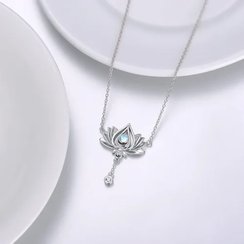 Vista 2 de Flpruy Collar de flor de loto de plata de ley con colgante de piedra lunar relleno de pequeño diamante, delicado colgante de loto, joyería de piedra