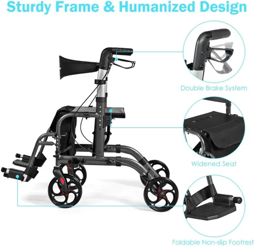 Vista 8 de GOPLUS Andadores con ruedas 2 en 1 para personas mayores, andador plegable con asiento, rueda de 8 pulgadas, combinación de andador médico y silla