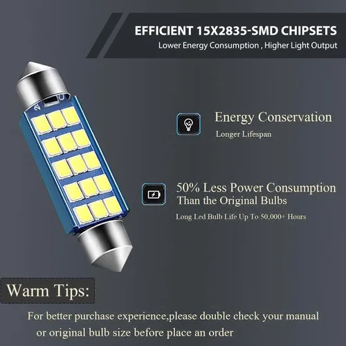 Vista 4 de 2 piezas de focos LED extremadamente brillantes 578, 1.59" 6500K 2835 chipsets 400LM luz de lectura de techo de doble punta para luces LED