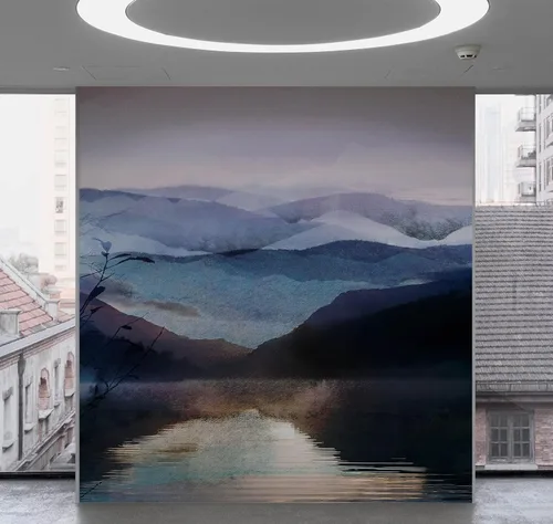 Vista 6 de Papel tapiz de montaña, papel tapiz extraíble. Pintura de acuarela de pared de retiro de vista de montaña. Papel tapiz de guardería, mural despegar