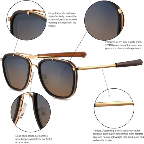Vista 4 de 2020 VentiVenti Square Sunglasses For Women Men Polarized Double Bridge Retro Metal Frame UV Protection