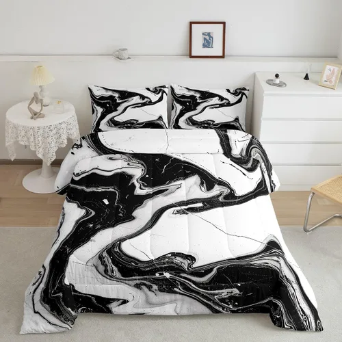 Vista 42 de Feelyou Juego de edredón abstracto para todas las estaciones, juego de ropa de cama negro y azul con 1 funda de almohada con estampado de mármol