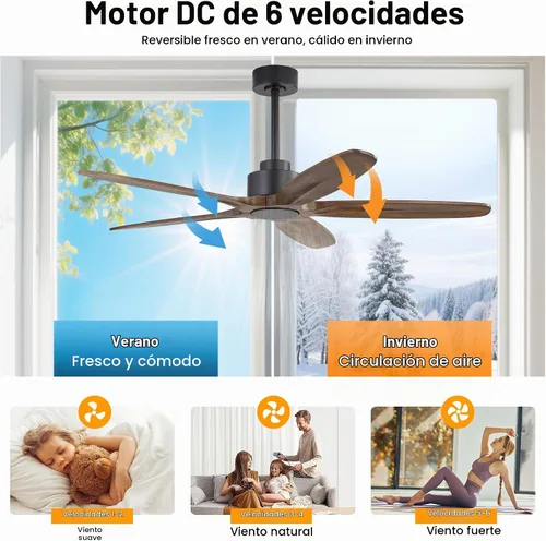 Vista 5 de WINGBO Ventilador de techo de 54 pulgadas sin luz, 5 aspas de madera maciza tallada, motor CC reversible de 6 velocidades, ventilador de techo