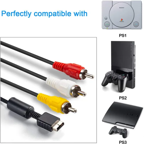 Vista 5 de PS2 PS1 PS3 to AV Cable 6ft AV Cable PS2 Console Composite 3 RCA Compatible for PlayStation 1 2 3 Replace AV Cable - Black