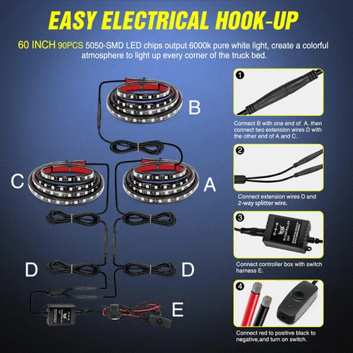 Vista 6 de Nilight Juego de 3 tiras de luz RGB de 60 pulgadas para cama de camión, 270 LED de neón de acento con control remoto RF, interruptor de encendido