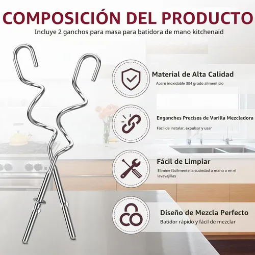 Vista 3 de Gancho de masa para batidora de mano Kitchenaid KHM512, ganchos de masa de acero inoxidable adecuados para KHM 5KSM KSM KSMO KSMH serie