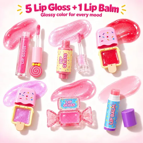 Vista 3 de M&U MAKE YOU UP MU Set de 6 barras de brillo labial dulce de caramelo para niños - 1 barra recta, 2 barras de helado y 2 barras de bálsamo