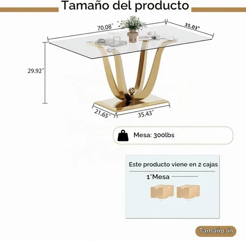 Vista 4 de SSLine Mesa de comedor de cristal dorado de 70 pulgadas para 4-6, base de Mesa de oro floral