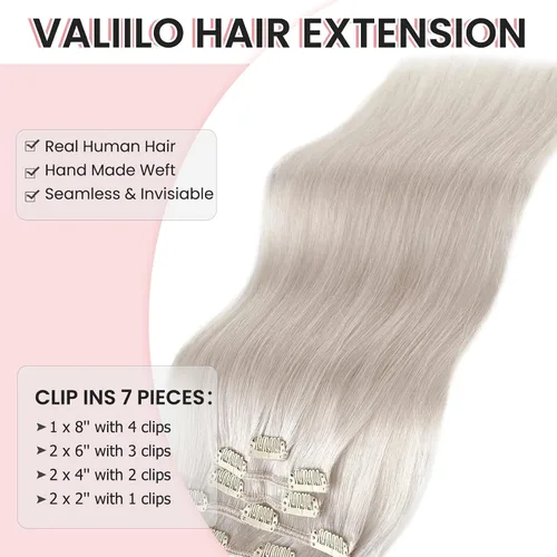 Vista 2 de Extensiones de cabello humano real Remy con clip, color blanco hielo, extensiones de cabello humano natural con clip, 12 pulgadas, 7 piezas, 2.47 oz