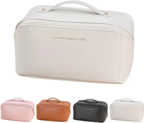 Vista 20 de Bolsas de maquillaje a cuadros de gran capacidad, bolsas de cosméticos portátiles de viaje, bolsa de aseo abierta y plana para mujeres y niñas
