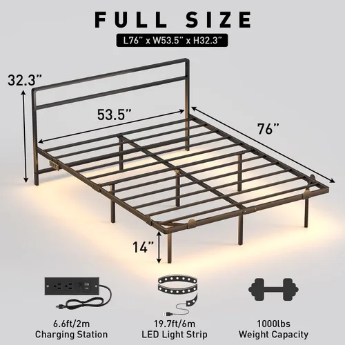 Vista 2 de Marco de cama flotante completo con cabecero, marco de cama de plataforma moderna con luces LED y estación de carga USB, marco de cama de metal