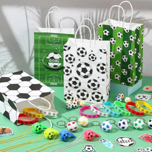 Vista 5 de Hiboom 110 recuerdos de fiesta de fútbol incluyen 12 bolsas de regalo, 12 silbatos, 12 borradores de bolas 3D, 12 llaveros, 12 pulseras de silicona