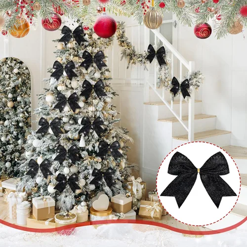 Vista 2 de Cindeer 24 piezas lazos de Navidad negros de 6 x 6 pulgadas, adornos navideños con purpurina lazos con lentejuelas para árbol de Navidad, corona