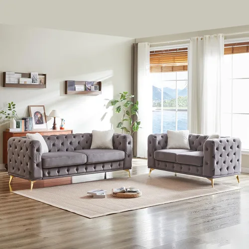 Vista 11 de KEIKI Sofá Chesterfield de terciopelo de lujo extragrande de 61 pulgadas con 2 almohadas, estilo mediados de siglo, sofá de 2 plazas con botones
