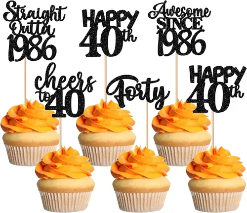 Vista 13 de Paquete de 30 adornos para cupcakes de 10º cumpleaños con purpurina recta hacia fuera de 2016, Happy 10th Ten Awesome Since 2016, 10 fabulosas Negro