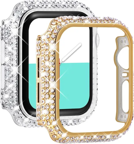 Vista 10 de NewWays Paquete de 2 fundas brillantes con diamantes completos para Apple Watch 40mm para mujeres, protector de diamantes completamente pavimentado