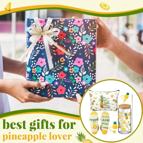 Vista 5 de SiliFine Juego de 3 piezas de regalos de piña para mujer, tazas de piña de verano con tapas y pajitas, regalos Aloha hawaianos, incluye piñas