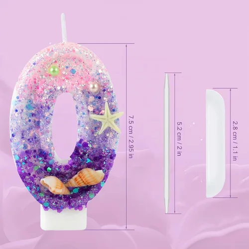 Vista 4 de Velas de cumpleaños, velas rosas y moradas del número 0 decoradas con caracolas, estrellas de mar y perlas para fiesta temática de sirena Morado