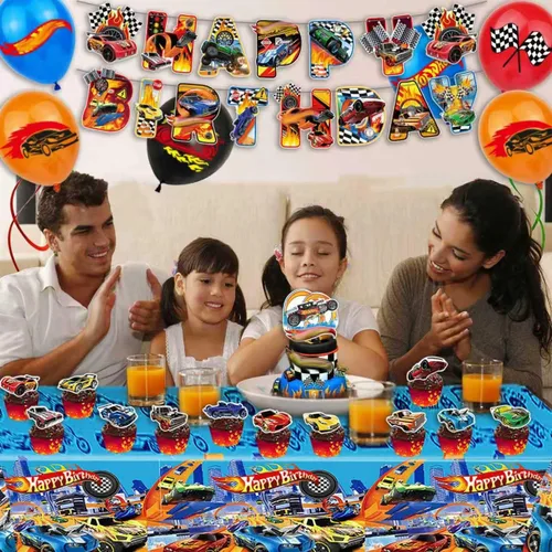 Vista 5 de Decoraciones de fiesta temática de autos calientes, suministros para fiesta de cumpleaños con volante de carreras, incluye pancarta de feliz