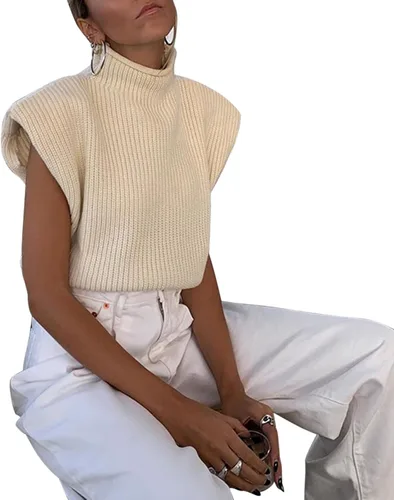 Vista 3 de Suéter de cuello alto para mujer, con almohadilla para el hombro, sin mangas, suéter de punto