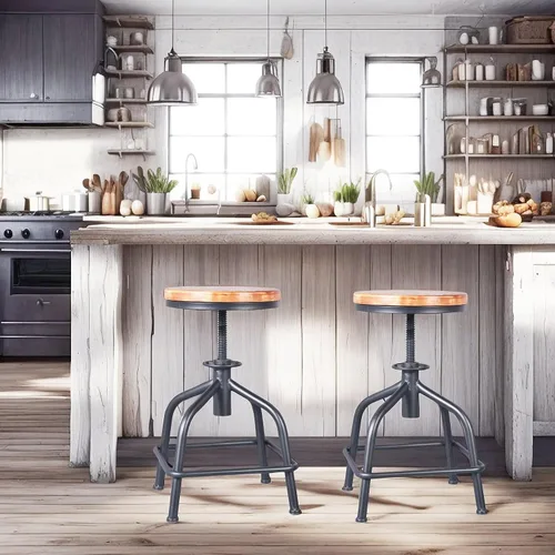 Vista 8 de Topower Taburete de cocina de granja, taburete de mostrador industrial, asiento redondo decorativo de cocina, taburetes de bar giratorios de altura