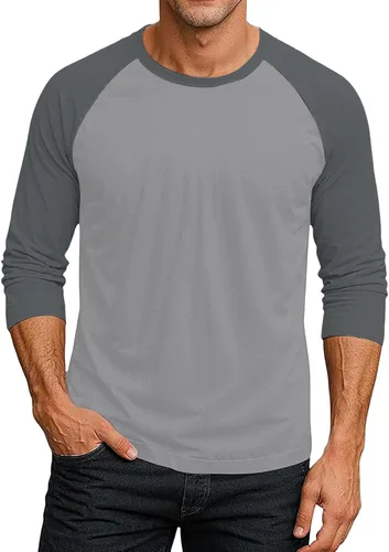 Vista 25 de Camiseta de béisbol raglán para hombre, manga larga, cuello redondo, tela ligera que absorbe la humedad para uso casual