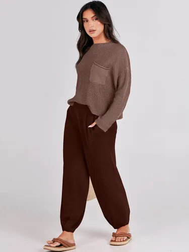 Vista 4 de Prinbara Conjunto de 2 piezas para mujer, suéter de punto para otoño, pantalones de gran tamaño, conjunto casual de descanso