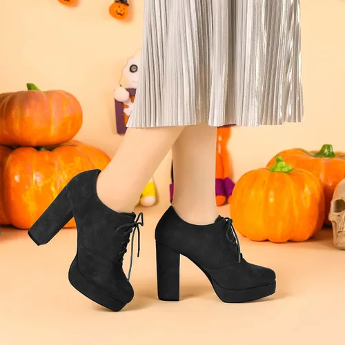 Vista 2 de Allegra K Botines con cordones de tacón grueso y plataforma para mujer