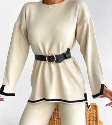 Vista 5 de MaLinfandor Conjunto de 2 piezas de suéter de punto para mujer, sudadera de manga larga, pantalones elásticos de pierna ancha, conjunto de ropa