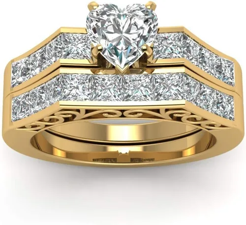 Vista 3 de WRS WEDDING RING SET Two Rings - Anillos para parejas para mujer, de oro amarillo de 10 quilates, con circonita cúbica blanca, conjuntos