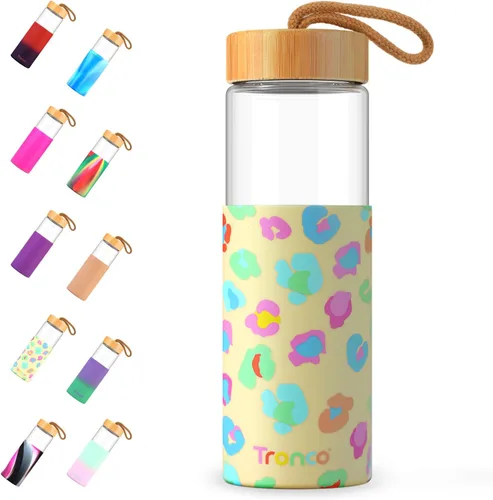Vista 19 de Tronco Botellas de agua de vidrio de 20 onzas con tapas, botellas de vidrio de borosilicato reutilizables con tapa de bambú y funda de silicona