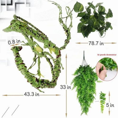 Vista 6 de Hamiledyi Plantas Artificiales para Reptiles, Vid Trepadora Flexible de Selva para Terrario, Rama de Ramas de Plástico Flexibles con Hojas Colgantes