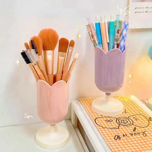Vista 2 de Soporte para bolígrafo para escritorio, soporte de plástico para bolígrafos de tulipán para niña, caja de maquillaje pequeña, lindo organizador