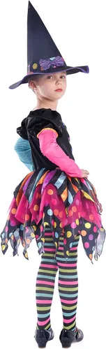 Vista 5 de Sincere Party Disfraz de bruja de Halloween para niñas, adorable disfraz de bruja colorido neón de lujo.