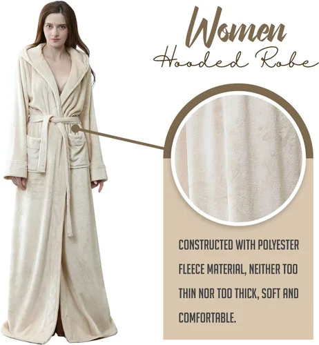 Vista 3 de Hellomamma Bata larga con capucha para mujer, lujosa franela de forro polar, bata de baño de longitud completa, pijama cálida de invierno, camisón