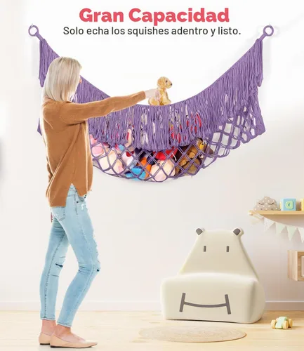 Vista 3 de Hamaca extra grande de red para animales de peluche – [56 pulgadas de largo/macramé tejido a mano/lavanda] Hamaca de almacenamiento para pared