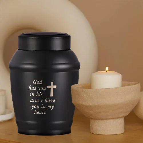 Vista 7 de Urna de cremación de acero inoxidable con cruz negra de 5.8 pulgadas para cenizas adultas, hombres o mujeres, urna conmemorativa funeraria