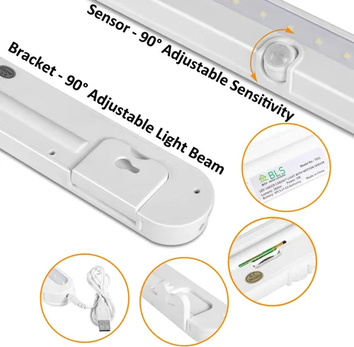 Vista 8 de BLS T01L - Luz LED para armario, súper brillante, 20 LED, iluminación debajo del gabinete, alimentada por batería/entrada de CC, luz inalámbrica