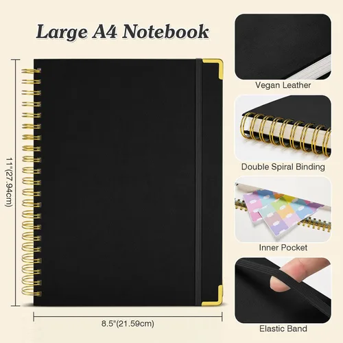 Vista 5 de Cuaderno de papel cuadriculado, cuaderno de cuadrícula en espiral de 8.5" X 11", diario de cuero de tapa dura de 300 páginas, cuaderno de papel
