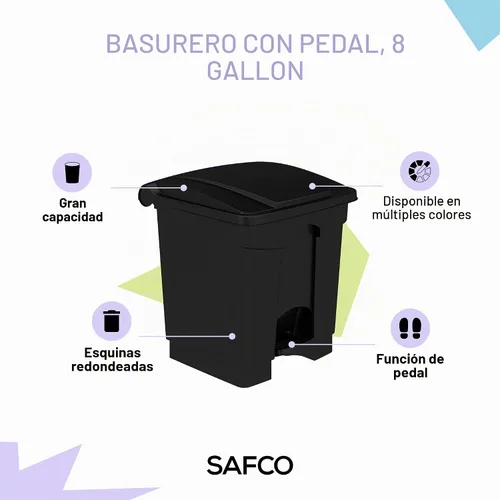 Vista 3 de Safco - Cubo de basura con pedal de pie, cubo de basura de plástico de 8 galones, color negro