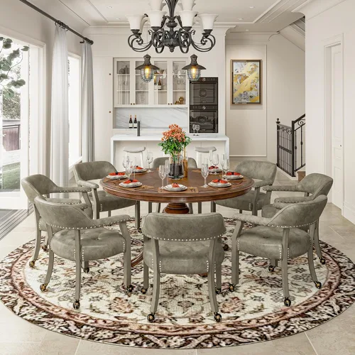 Vista 5 de Silla de comedor con ruedas y brazos, sillas de póker de PU, gris antiguo