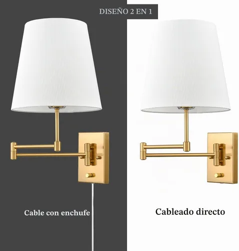 Vista 5 de HYDELITE Lámpara de pared dorada con brazo oscilante, apliques de pared de latón con pantalla de lino, accesorios de pared enchufables o cableados