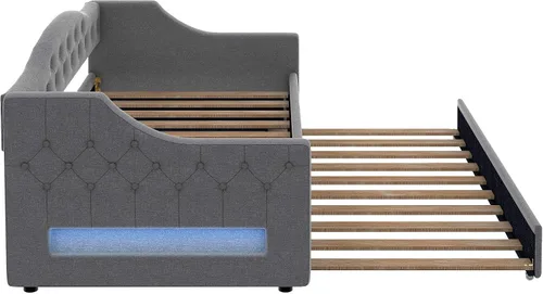 Vista 6 de Cama Diván Moderna Tamaño Twin XL con Cinturón LED y Cama Nido, Marco de Cama Plataforma de Madera con Cabecera Tapizada con Almacenamiento, Sofá
