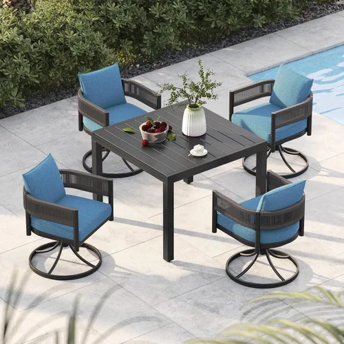 Vista 30 de Juego de comedor al aire libre Grand Patio de 5 piezas para 4, sillas de patio fijas de mimbre tejido metálico con cojines engrosados y 1 mesa