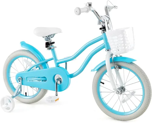 Vista 24 de COSTWAY Bicicleta para niños de 12, 14, 16, 18 pulgadas, bicicleta para niños con ruedas de entrenamiento, frenos de mano y posavasos, sillín