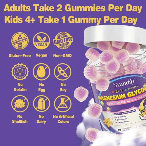 Vista 6 de Gomitas de glicinato de magnesio 400 mg para niños y adultos - Suplemento de magnesio liposomal con D3, K2 y calcio para dormir, calma y huesos, sin