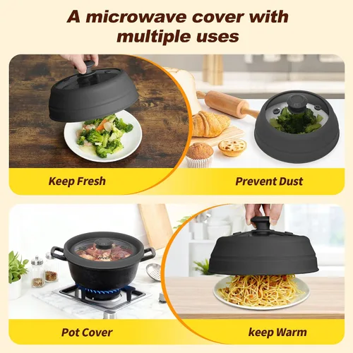 Vista 6 de FPVIER Cubierta plegable para salpicaduras de microondas - Tapa ventilada de silicona y vidrio con mango de fácil agarre, se ajusta a platos
