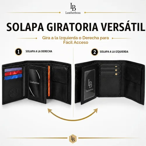 Vista 3 de Leatherboss - Cartera de piel para niños, delgada, compacta, con solapa y bolsillo para monedas, para hombres y mujeres, color negro